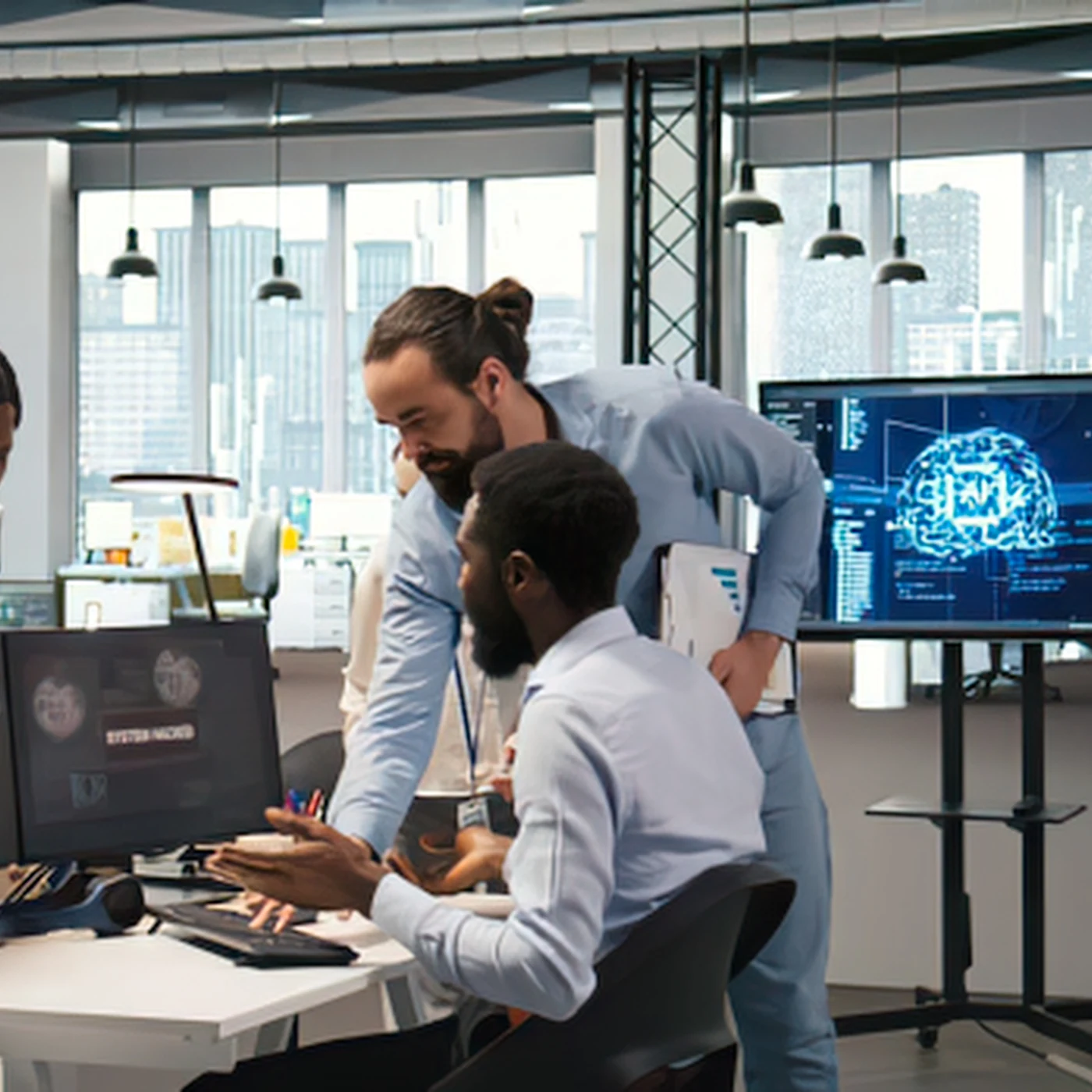 Colleagues collaborating in a modern technical workplace